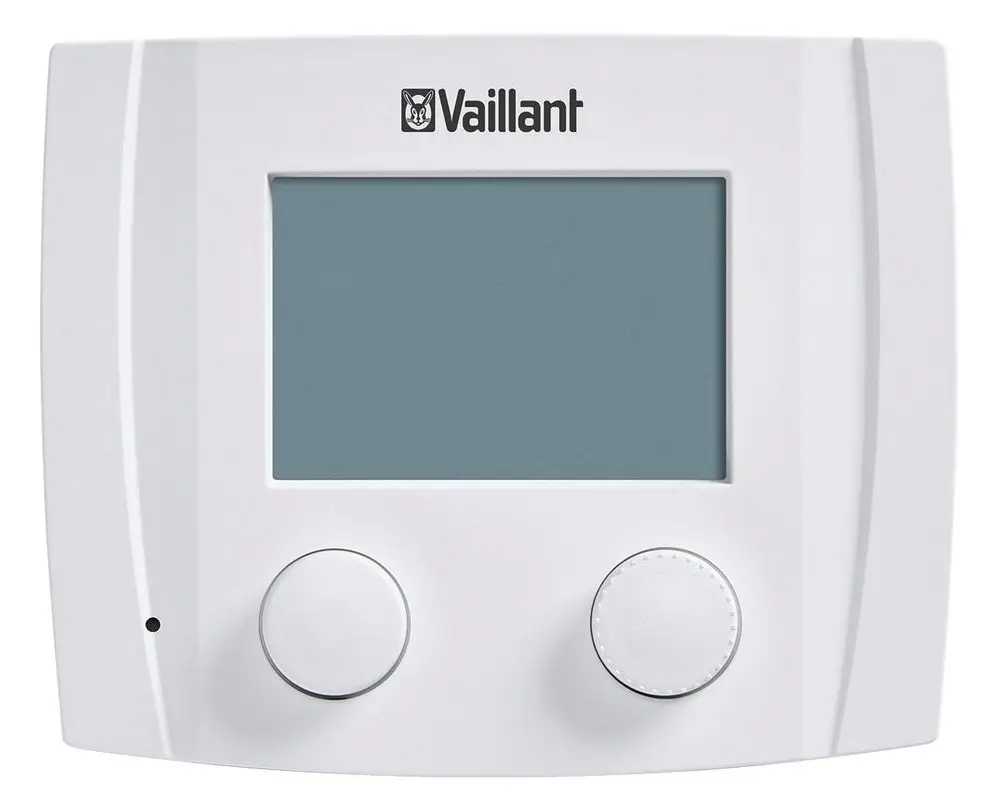Weißes Steuergerät von Vaillant mit zwei Drehknöpfen und einem Display, entwickelt zur Temperaturregelung für Heizungsanlagen.